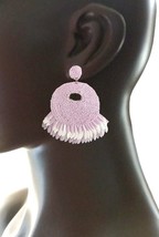 3.5&quot; Long Purple Lavender Violet Flower Lightweight Raffia Sequins Earrings - £15.15 GBP