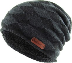 KB ETHOS Diamond Knit Slouch Sherpa Fleece Lined Black Winter Hat Beanie Toque - £13.10 GBP