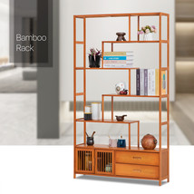39&quot;Brown Bamboo[Dual Drawers+Blind Door Cabinet]Staggered Shelf Etagere ... - £129.78 GBP