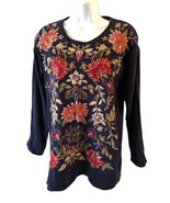 Johnny Was Dark Blue Thermal Cotton Heavily Embroidered Long Sleeve Top ... - $144.65