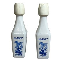 Vintage Set Of White Milk Glass Blue Windmill Design Liquor Bottle Tulip Cap - £29.88 GBP