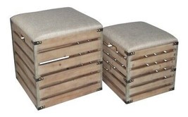 Square Wood Slat Storage Bench with Metal Accent &amp; Cushioned Lid - Set of 2 - £111.20 GBP