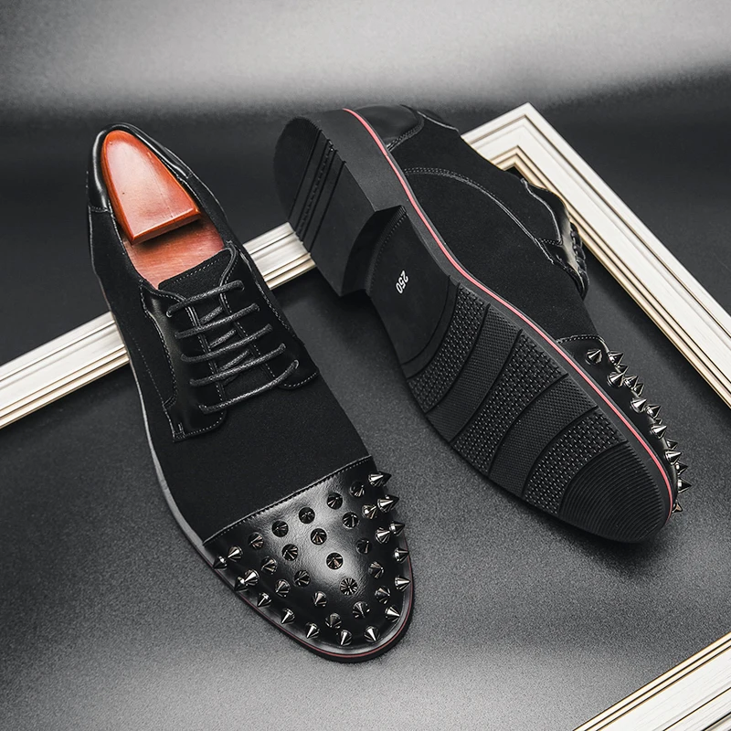 Men Shoes Punk Rivet Black Lace-up Breathable Casual Fashion Handmade Sh... - $75.88