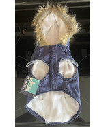 Small Pet Jacket Dog  Coat Quilted Puffy Coat Blue Faux Fur Lined Hood - $9.75