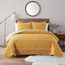 Boho Style Yellow Queen Quilt Set With Tassle, Soft And Lightweight Bedspread Fo - £59.76 GBP