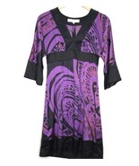 Trina Turk Purple Silk Dress Size 2 Black Print 3/4 Sleeves V Neck Sheat... - $29.57 CAD