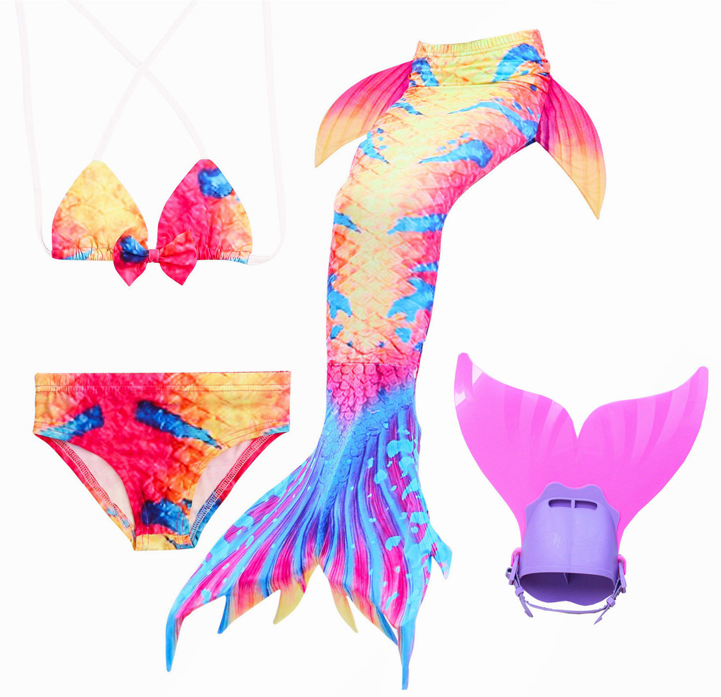 4PCS/Set Yellow Swimmable Mermaid Tail With Monofin Girls Swimwear Costume