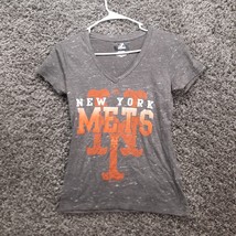 New York Mets Shirt Women Medium Gray Scoop V Neck Majestic NYM Short Sleeve Top - £8.47 GBP