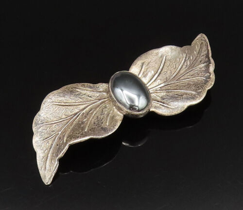 Primary image for ISRAEL 925 Silver - Vintage Oval Hematite Double Leaf Wings Brooch Pin - BP9746