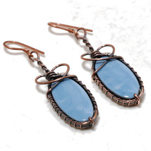 Blue Opal Gemstone Copper Wire Wrap Drop Dangle Earrings Jewelry 2.40" SA 89 - £3.92 GBP