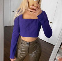 Zara Shirt S Purple Cropped Long Sleeve Square Neck Side Zip Shell Top B... - $15.69