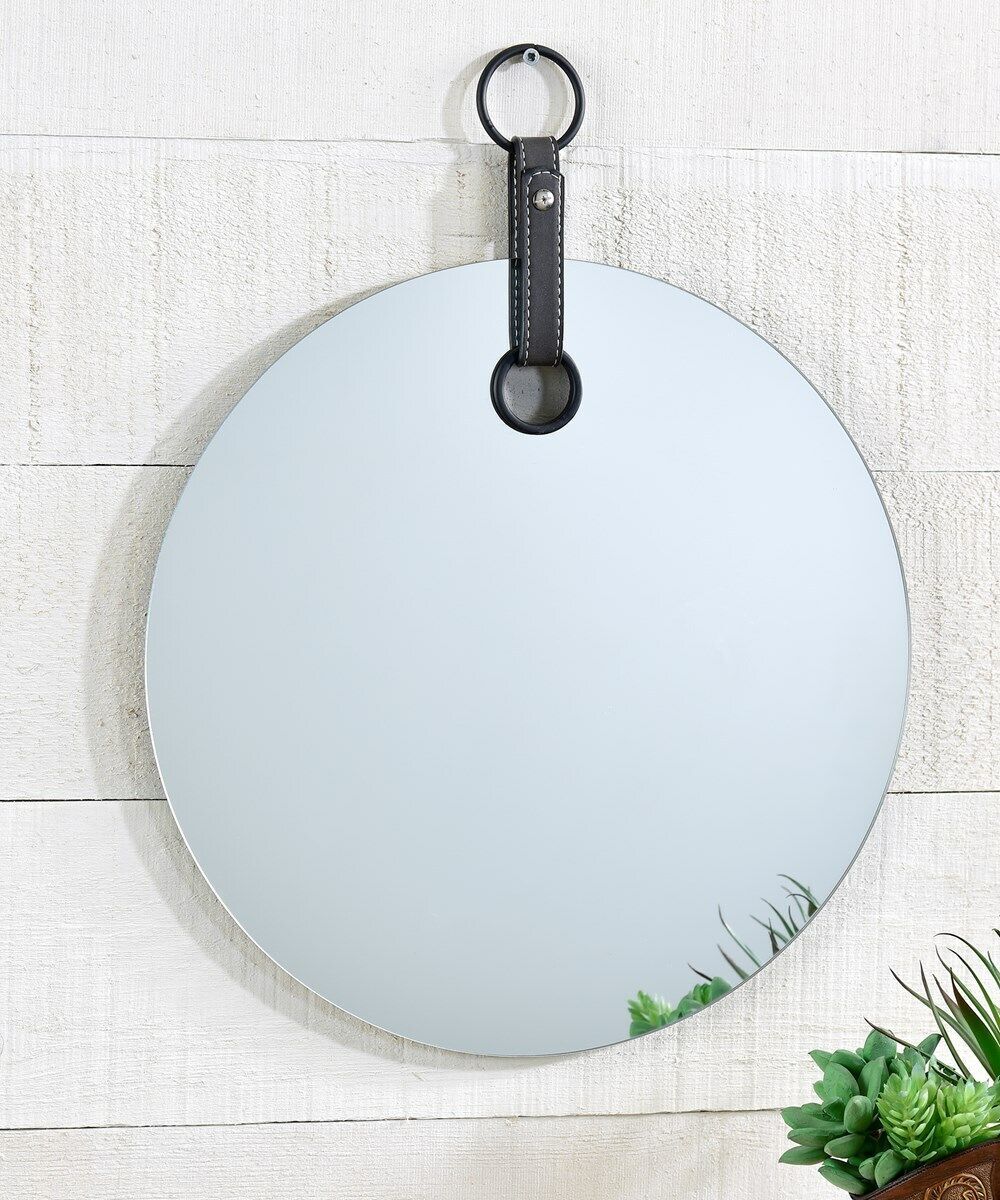 Round Borderless Mirror with Faux Leather Strap Metal Hanger 14" Diameter Glass - $54.44