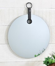 Round Borderless Mirror with Faux Leather Strap Metal Hanger 14" Diameter Glass