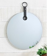 Round Borderless Mirror with Faux Leather Strap Metal Hanger 14" Diameter Glass - £43.01 GBP