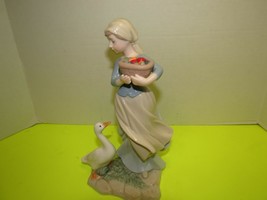 Vintage Porcelain Young Woman Figurine W/Basket Of Food Duck On Bottom 10&quot; Tall - £16.19 GBP