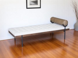 72&quot; Ivory Brown And Black Tufted Cotton Wood And Metal Cushioned Bench W... - $1,821.16