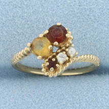 Diamond, Garnet, Citrine, and Seed Pearl Ring in 14k Yellow Gold - £208.94 GBP