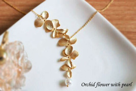 Orchid Flower with Pearl Long Pendant Necklace for Women Charm Elegant Design - £3.80 GBP