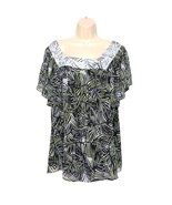 Worthington Tunic Top Plus Size 1X Black White Green Geometric Sheer Squ... - $25.26 CAD