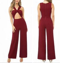 Sexy Twist Front Cut Out Wide Leg Jumpsuit One Piece Burgundy Maroon Med... - £15.38 GBP