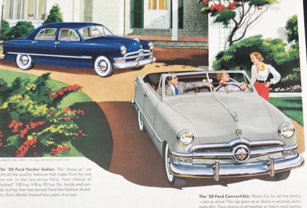 Primary image for 1950 Ford Fordor Sedan Convertible Silver Blue Advertising Print Ad 9.5" x 12.5"