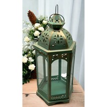 Vintage Candle Holder Lantern Rustic Green Bronze Style Tea Light Pillar - £28.19 GBP