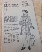 New York Pattern Sewing #28 Girls Jr Coat Raglan Sleeves Cuffs Belt Sz 8... - $18.69