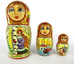 Matryoshka Nesting Dolls 3.9&quot; 3 Pc., Traditional Winter Cabin Hand Russian 985 - £24.35 GBP