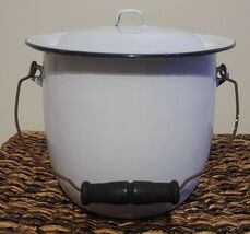 Vintage ~ Enamelware Pot ~ Lid &amp; Handle ~ 9.5" Dia. x 8" Tall ~ White &amp; ... - $80.00