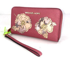 Michael Kors Phone Wallet Wristlet Travel Tulip Pink Floral Studded  Jet... - £62.52 GBP