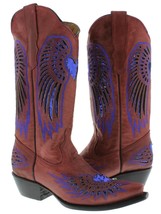 Womens Western Wear Boots Red Leather Blue Sequins Heart Wings Snip Toe - £64.68 GBP