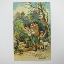 Easter Postcard Boy Basket Colored Eggs Girl Lamb Sheep Gold Embossed Antique - £7.97 GBP