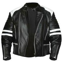 New Handmade Men&#39;s Black And White Biker Genuine Leather Jacket - £143.84 GBP