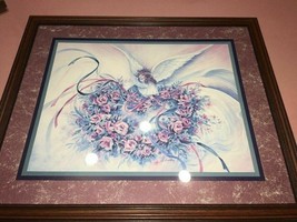 HOMCO by F Buckley an Angel on Top of Heart Wreath of Pink Roses Painting-RARE - £149.51 GBP