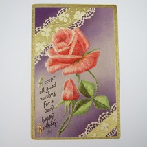 Postcard Birthday Greeting Antique 1912 Purple Gold Pink Red Rose Clover Embossd - £7.84 GBP