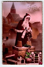 Santa Claus Hold Doll Christmas Postcard Old World France Gel Church Toys Noel - £34.75 GBP