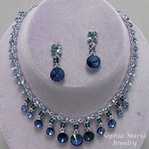 Blue Montana dangle crystal necklace earring set bridesmaid wedding party - £18.25 GBP