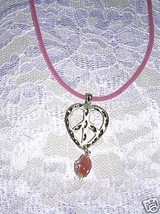 Engraved Pewter Heart Shaped Peace Sign Pink Glass Dangle Pendant Necklace - £25.97 GBP