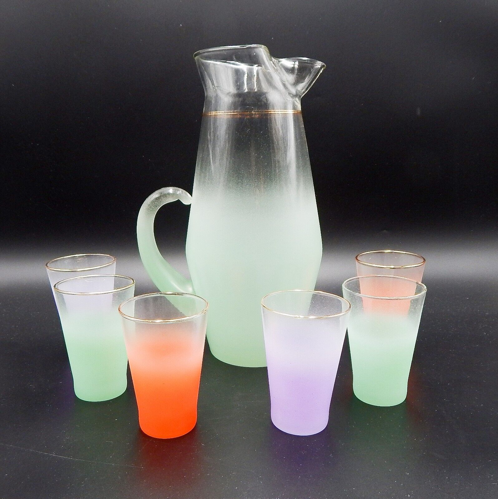Primary image for Blendo Frosted Glass Lemonade Pitcher Set Juice 7 Piece Rainbow Gold MCM Ombre