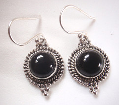 Round Black Onyx 925 Sterling Silver Dangle Earrings Silver Dot Accented - $17.09