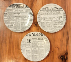 THREE Potter Barn Dessert Plates NEWSPAPER PRINT 7&quot; - $29.99