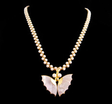 Vintage MOP butterfly brooch necklace - Pearl long necklace - insect pin... - $125.00