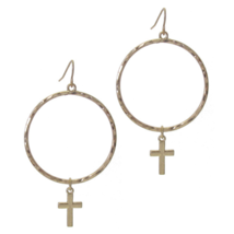 Hammered Hoop and Cross Drop Earrings Gold - £8.86 GBP