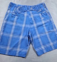 Quicksilver Vintage Board Shorts Mens Size 34 Blue Plaid Frayed Spellout Logo - £14.41 GBP