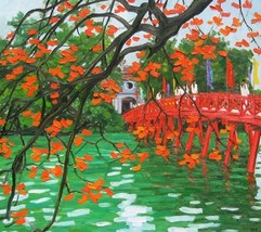 The Red Bridge, 24&quot; x 32&quot; Vietnamese commission original oil painting on... - £276.55 GBP