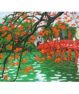 The Red Bridge, 24&quot; x 32&quot; Vietnamese commission original oil painting on... - $480.20 CAD