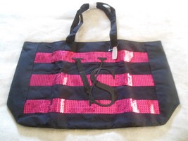 Victoria&#39;s Secret Black With Pink Sequin Stripes Weekend/Overnight Zippe... - $40.59