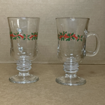 Vintage Libbey Holly Berry Irish Coffee Pedestal Glasses Gold Rim Christ... - £12.22 GBP