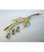 12K GOLD FILLED Vtg LEAF BROOCH Pin with Sapphire Rhinestones and Faux P... - £43.96 GBP