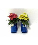 Set of 2 - Blue Baby Shoe Flower Pot Vases with Artificial Flowers - £12.34 GBP